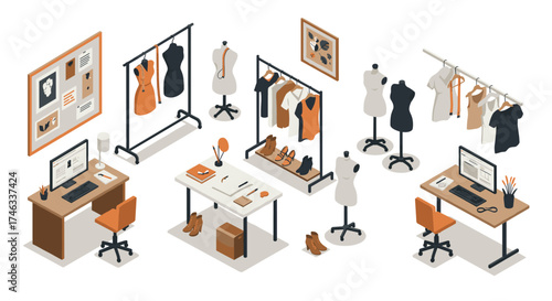 Fashion design studio isometric interior with sewing machines, mannequins, and dress forms