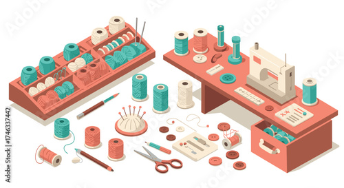 Isometric sewing station with spools, needles, and sewing machine