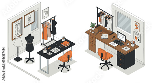 Stylish fashion designer workspace with sewing equipment and clothing racks in modern isometric design