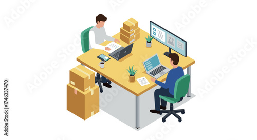 Isometric office workspace with two people, laptops, and cardboard boxes