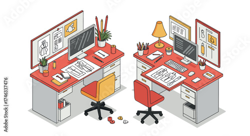 Creative workspace with dual desks and modern tech setup in isometric style