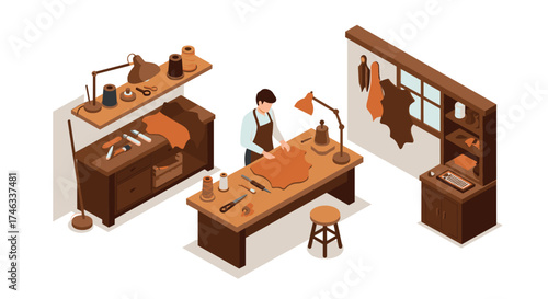 Isometric leathercraft workshop: artisan tools and studio space with vintage charm