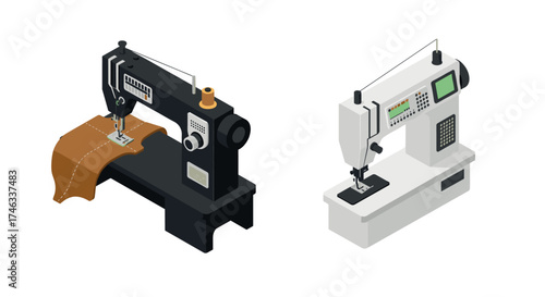 Isometric sewing machines with leather and monitor on white background