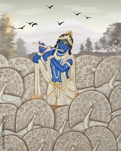 Krishna fluting Basuri with peacock around wallpaper 