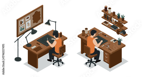 Isometric workspace with crafting artisan at desk surrounded by tools and decor