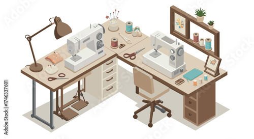 Cozy craft room with sewing machine and supplies in isometric style