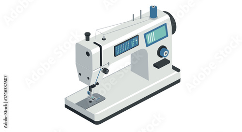Modern sewing machine in isometric style with digital display