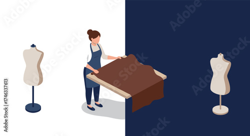 Isometric fashion design scene with mannequins and fabric workstation