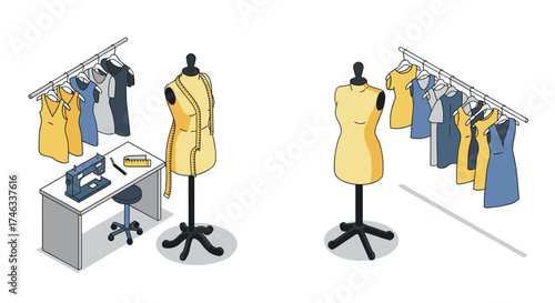 Fashion design studio with tailoring mannequins and sewing equipment in isometric style
