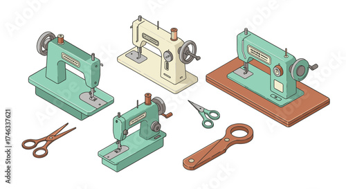 Retro sewing machines and tools collection in isometric format