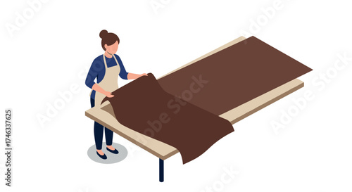 Isometric tailor arranging fabric on table for fashion design