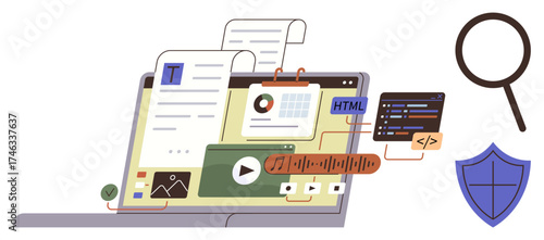 Laptop with HTML editor, video, graphics, text, magnifying glass, and digital shield. Ideal for web development, content creation, SEO multimedia design online learning data processing