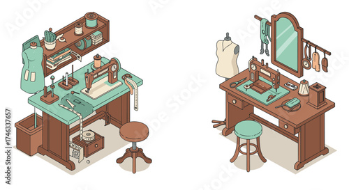 Vintage sewing room with dress form and crafting tools in isometric style