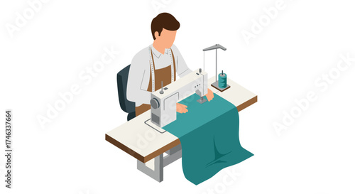 Isometric tailor at work: seamstress sewing machine crafting garment in studio setting