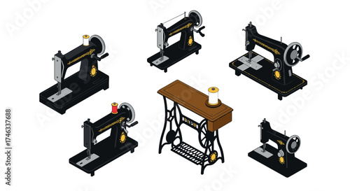 Vintage sewing machine collection with isometric retro designs