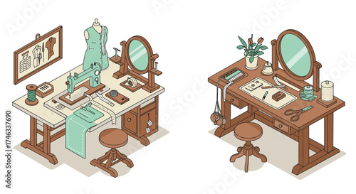 Charming isometric sewing rooms with vintage decor and craft tools