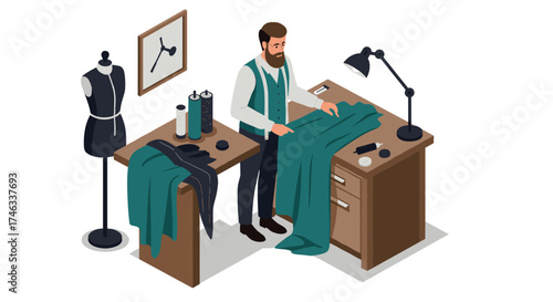 Tailor crafting fashion in isometric workspace with sewing tools and mannequin