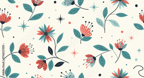 A vintage floral pattern with scattered decorative elements.