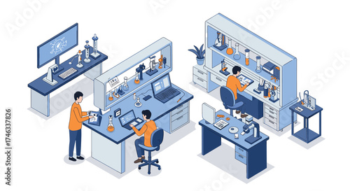 Modern isometric laboratory scene featuring scientists and advanced equipment in a research environment