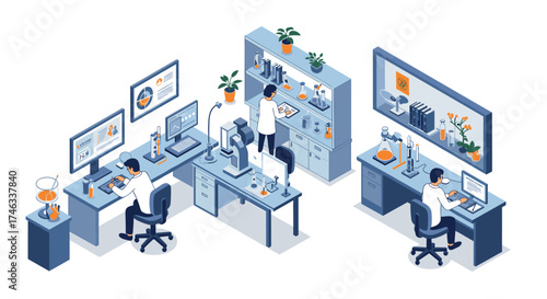 Isometric laboratory workspace with scientists conducting experiments in a modern research facility