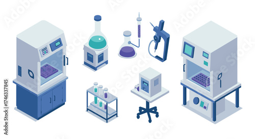 Isometric laboratory equipment set featuring modern analytical instruments