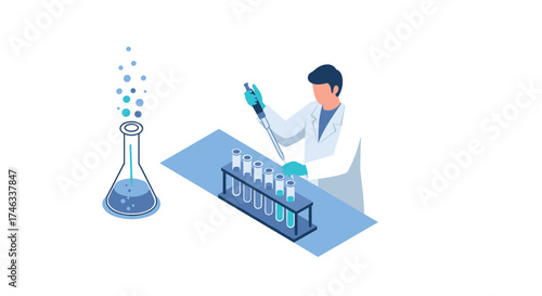 Scientist conducting laboratory experiment with test tubes in modern isometric style