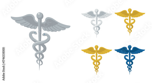 Caduceus symbols in various colors and styles for medical themes