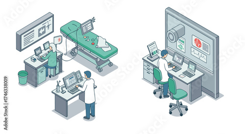 Modern isometric hospital monitoring rooms with medical equipment and staff in action