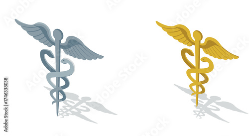 3d caduceus symbols with dual snakes and wings on white background
