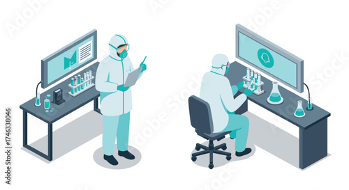 Isometric laboratory scientists conducting research with modern technology