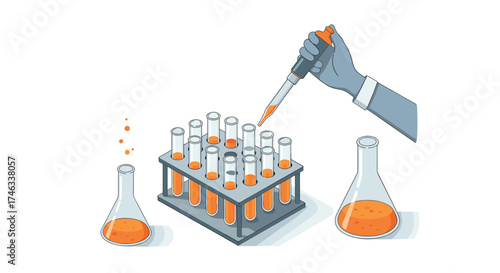 Laboratory experiment with pipette and test tubes in isometric style