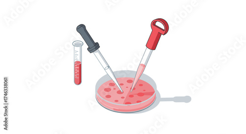 Laboratory equipment with test tube, pipette, and petri dish with red liquid in isometric style