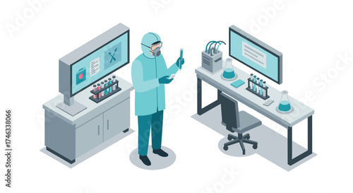 Isometric scientist in protective gear analyzing samples in a modern laboratory