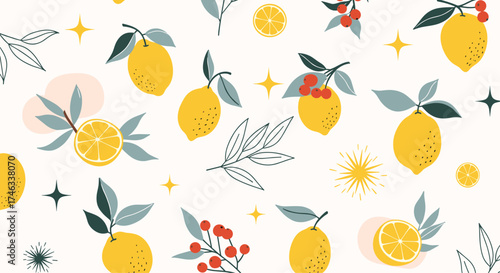 A vibrant pattern of fresh lemons and festive red berries.