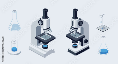 Isometric science laboratory equipment with microscopes and beakers