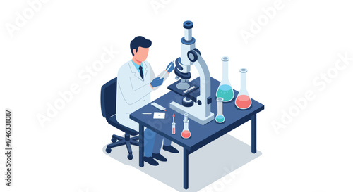 Isometric scientist in laboratory conducting research with microscope