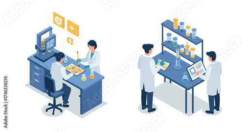 Isometric laboratory scene with scientists conducting experiments in modern lab