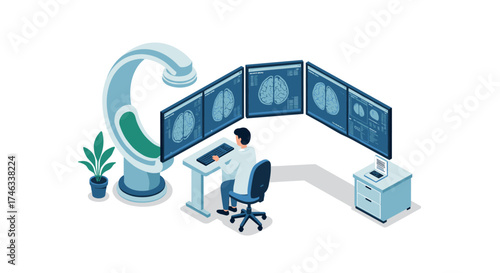 Isometric medical imaging workspace with mri and brain scans