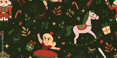 Magical fairy tale The Nutcracker, Christmas seamless pattern. Soldier, princess, horse and decorative elements. New Year's wooden toys. Cartoon vector illustration on green background.