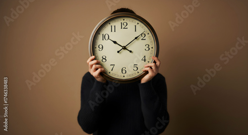 Female figure in a black sweater obscuring her face with a round clock on a neutral beige background