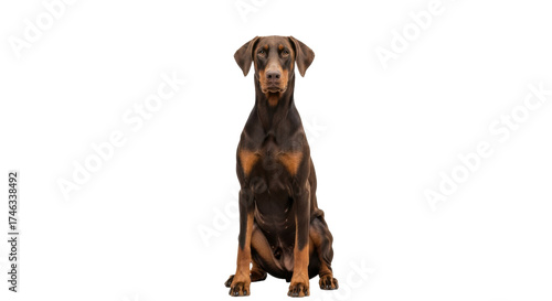 Cuadro en lienzo Isolated Doberman Pinscher dog sitting squarely facing the camera with focused a