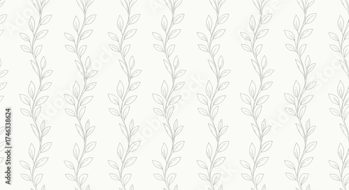 Delicate grey botanical vines and leaves forming a subtle vertical pattern on a cream background.