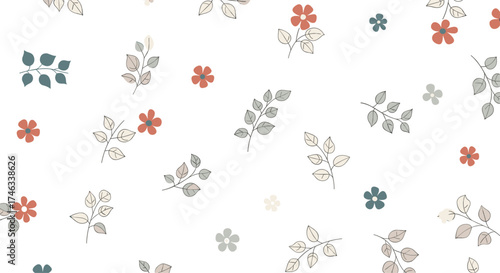 A delicate floral pattern with subtle botanical elements scattered across a white background.