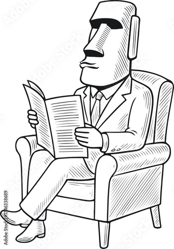 Moai Statue sitting in a chair in a business suit reading a newspaper, engraving style, vector