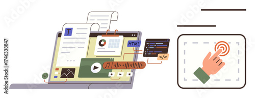 Laptop screen featuring text, images, video, audio, code snippets, and a hand gesture for user interaction. Ideal for content strategy, multimedia, web development creativity technology user