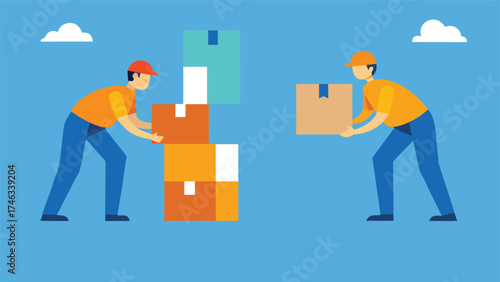 Two cartoon workers in orange shirts and blue pants stacking and carrying boxes for delivery or moving