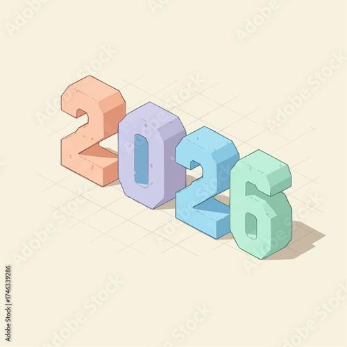 Isometric illustration of the year 2026, with each digit in a different pastel color, casting a shadow on a gridded surface.