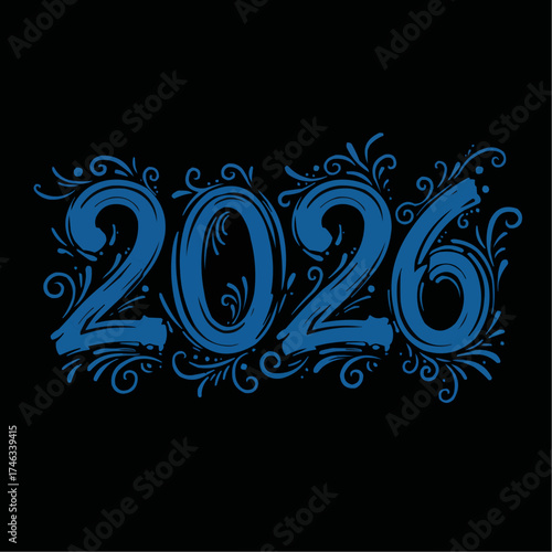 A stylized blue number "2026" with decorative flourishes on a black background.