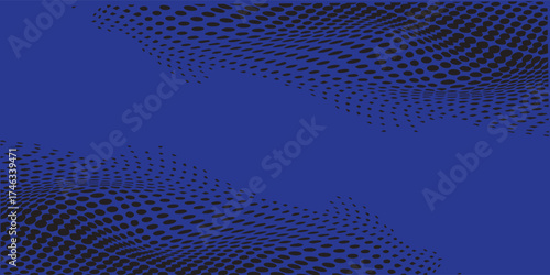 Abstract Blue Background with Dynamic Black Dotted Wave Pattern.