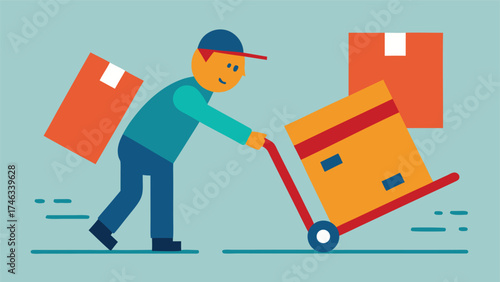 Delivery person pushing a hand truck with boxes representing logistics and shipping services